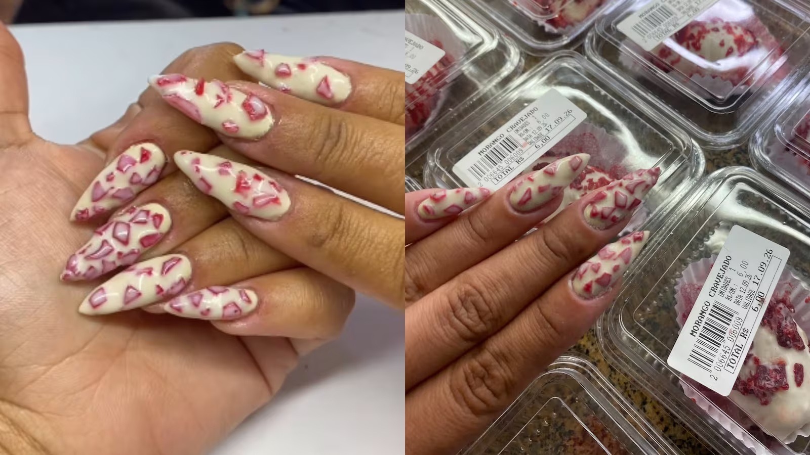 Manicure causa polêmica ao inventar unha de morango cravejado