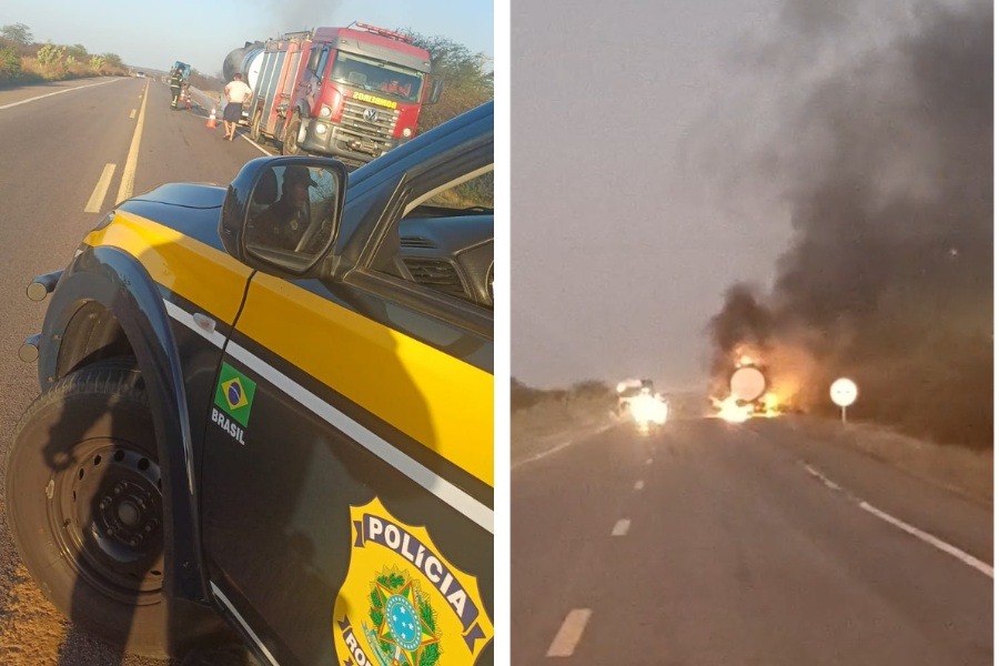 VÍDEO: Incêndio em caminhão-tanque provoca bloqueio total de trecho em rodovia no RN