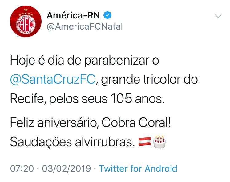 América provoca e parabeniza Santa Cruz por aniversário após vitória sobre o ABC