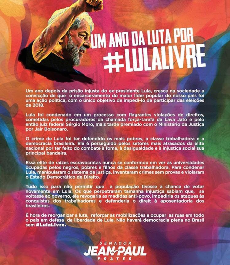 Senador do RN diz que "não haverá democracia plena no Brasil sem #LuLaLivre"