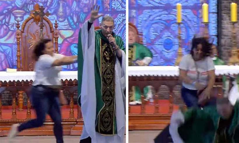 (VÍDEO) Mulher invade missa e empurra padre Marcelo Rossi do palco; assista