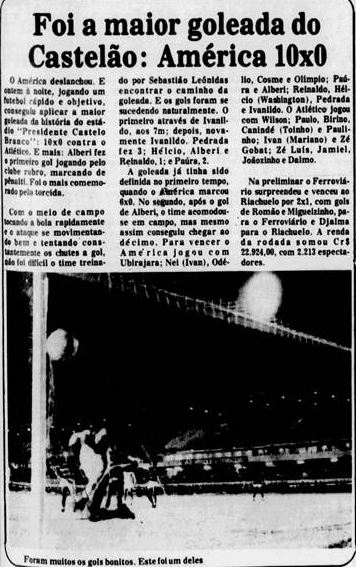 Goleada no Castelão: América 10 x 0 Atlético. Taça Cidade do Natal, 1976