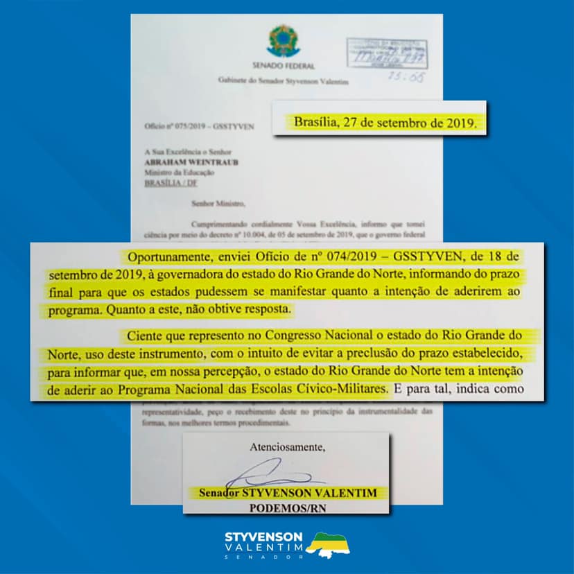 Senador critica "omissão" da governadora e pede ao MEC escolas militares no RN