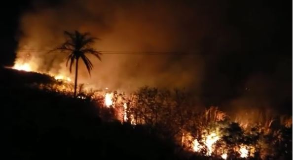 Corpo de Bombeiros combate incêndio em mata próxima à Reta Tabajara