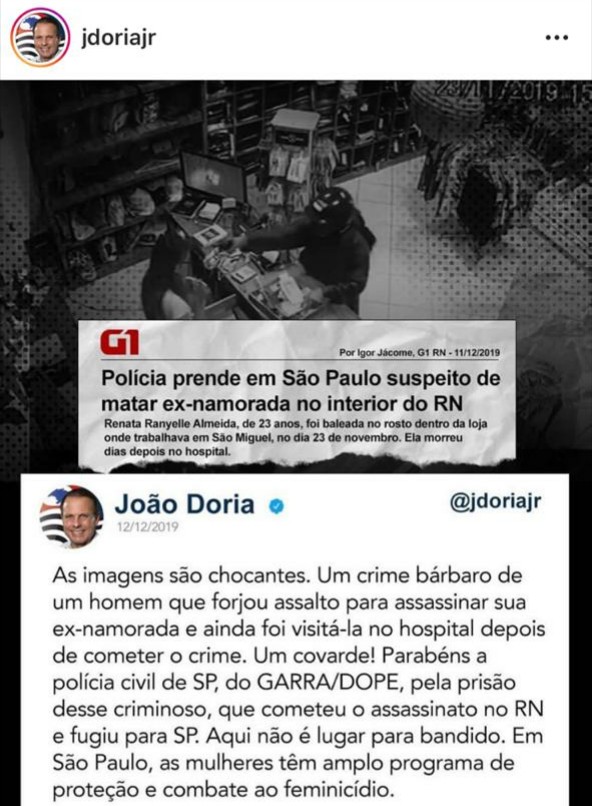 Governador João Dória repercute caso de feminicídio no interior do RN