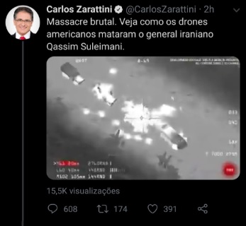 Deputado do PT posta vídeo de game como se fosse ataque que matou general do Irã