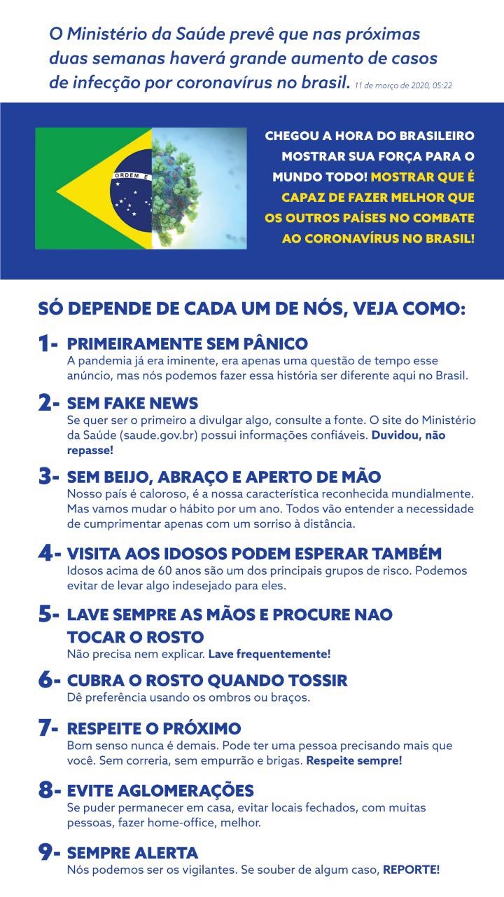 "Sem beijo, sem abraço e sem aperto de mão", diz Ministério sobre Coronavírus