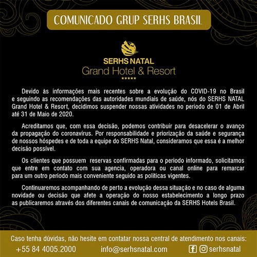 SERHS Natal Grand Hotel  & Resort suspende atividades até 31 de maio