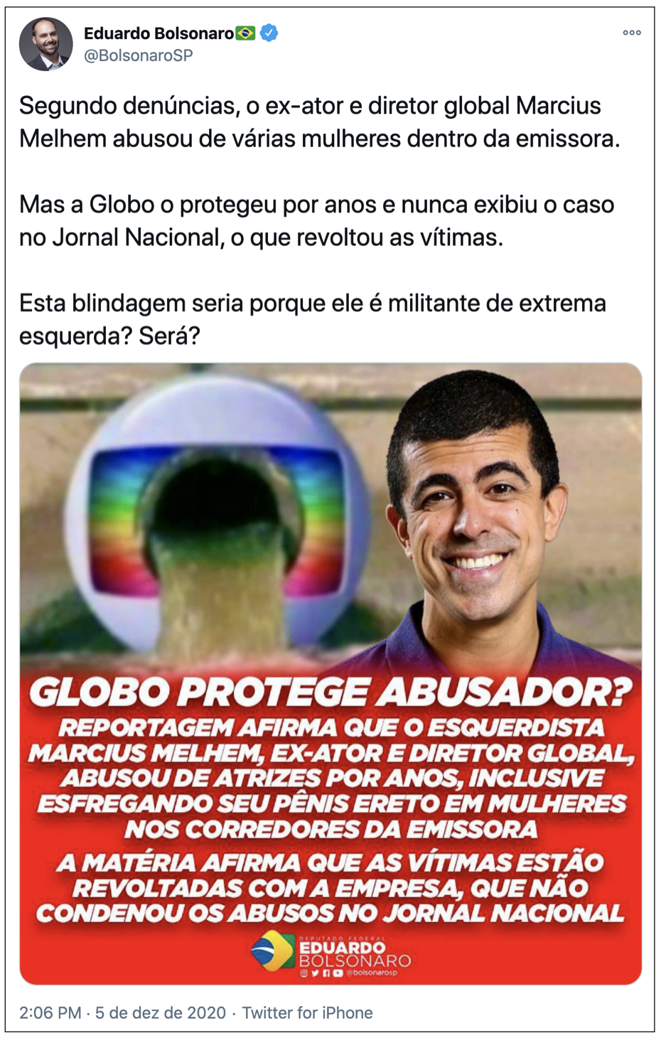 Eduardo Bolsonaro diz que Globo “protegeu” Marcius Melhem