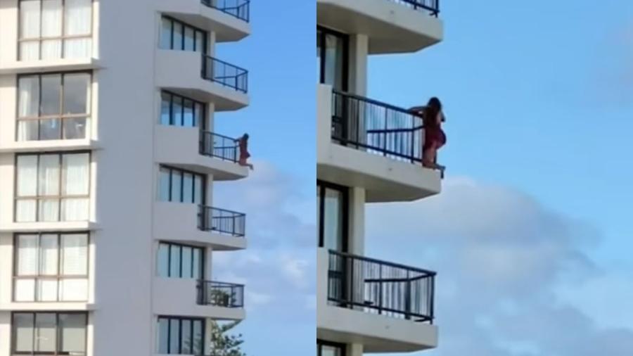 VÍDEO: Mulher se pendura em sacada do 11º andar para tirar fotos; assista