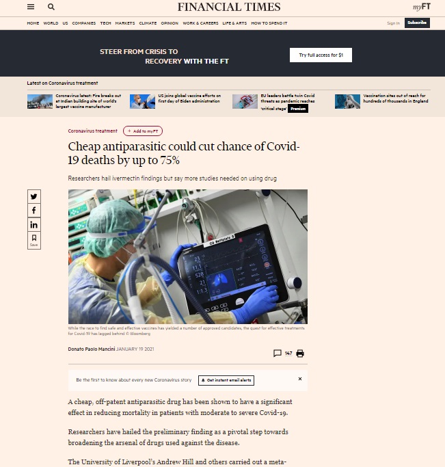 Financial Times: Ivermectina pode reduzir chance de mortes de Covid em 75%