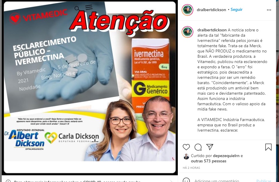 Merck mentiu sobre Ivermectina e testa remédio de alto custo, diz deputado do RN