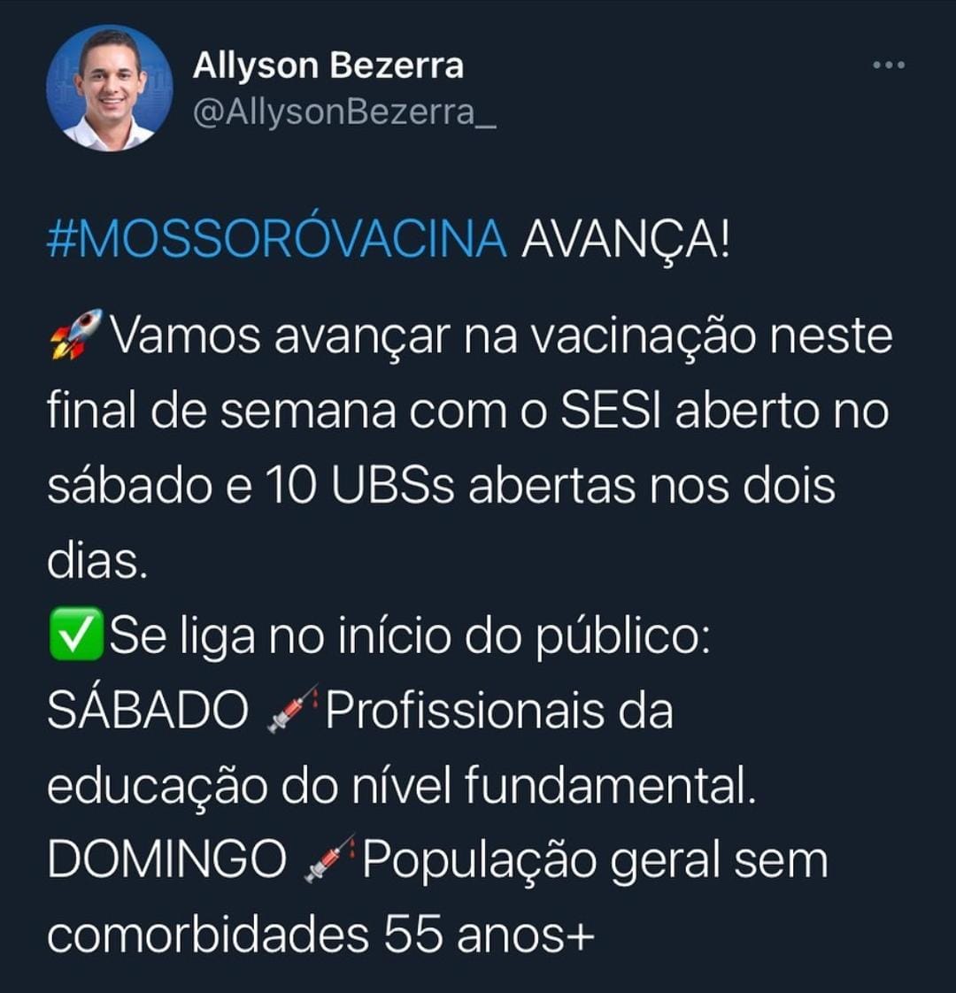 Mossoró inicia vacinação em pessoas com 55 anos ou mais