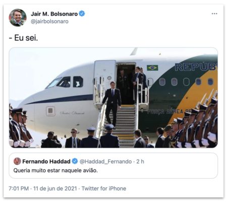 Bolsonaro responde Haddad com ironia e foto de avião presidencial