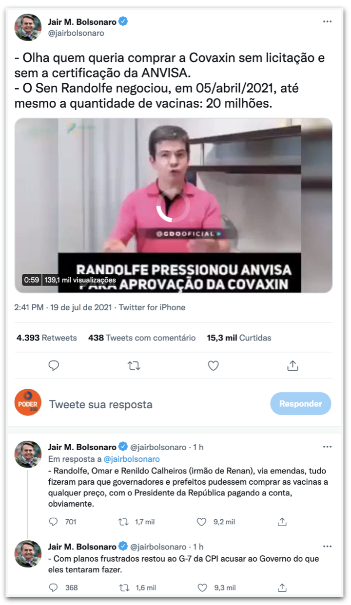 Bolsonaro publica vídeo com vice-presidente da CPI defendendo compra da Covaxin