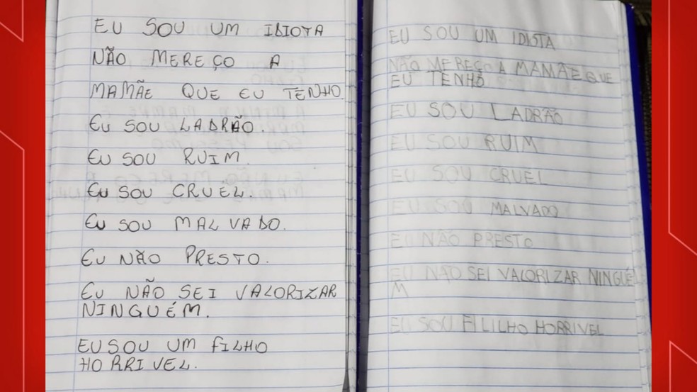 Menino morto pela mãe era obrigado a escrever frases ofensivas em caderno, diz polícia