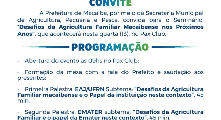 Macaíba: Secretaria de Agricultura realiza seminário sobre agricultura familiar na próxima quarta