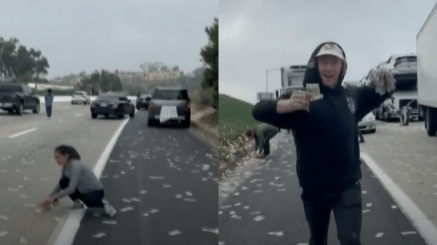 VÍDEO: Dinheiro fica espalhado em estrada após porta de blindado abrir e população desce dos carros pegar as notas