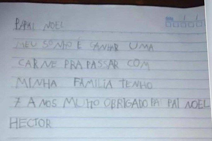 ‘Meu sonho é ganhar uma carne para passar com a minha família’, escreve menino em carta ao Papai Noel