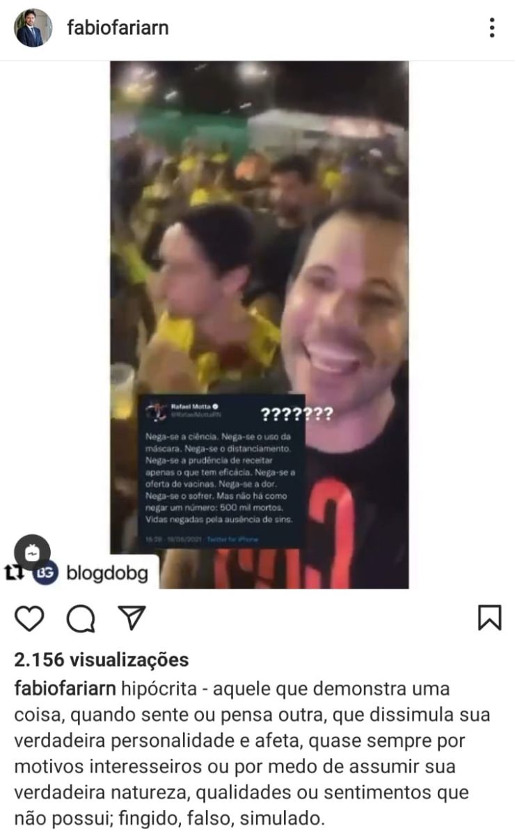 Fábio Faria posta vídeo de Rafael Motta no Carnatal e diz na legenda: "Hipócrita"