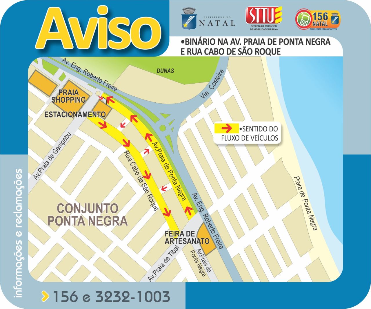 STTU implanta sentido único na av. Praia de Ponta Negra e na rua Cabo de São Roque