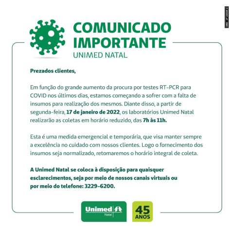 Unimed Natal admite falta de testes para covid e restringe serviço