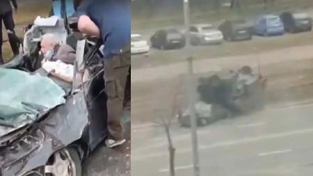Tanque de guerra atropela carro civil na Ucrânia