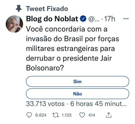Jornalista faz enquete sobre "invasão do Brasil por forças armadas estrangeiras para derrubar Bolsonaro"
