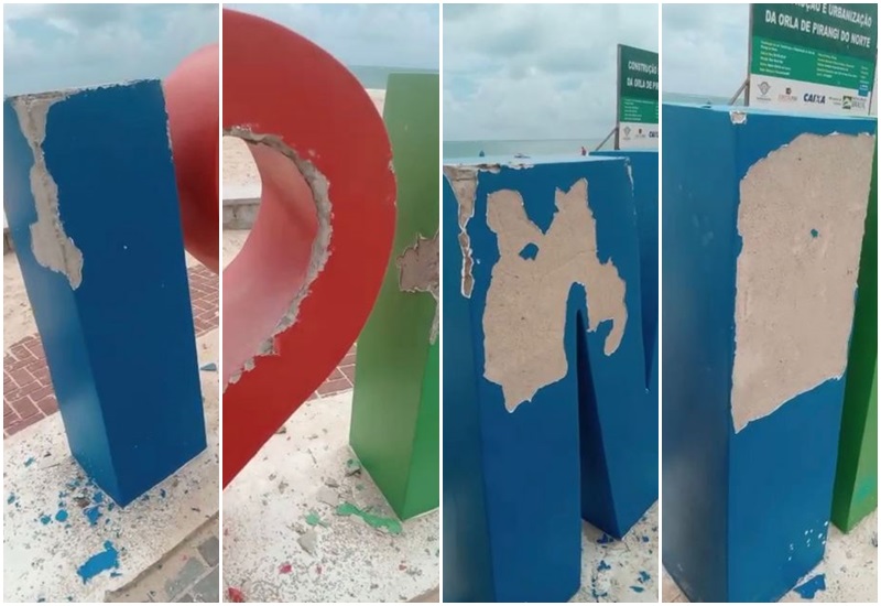 Professor não se conforma que Pirangi faz parte de Parnamirim e vandaliza letreiro na praia