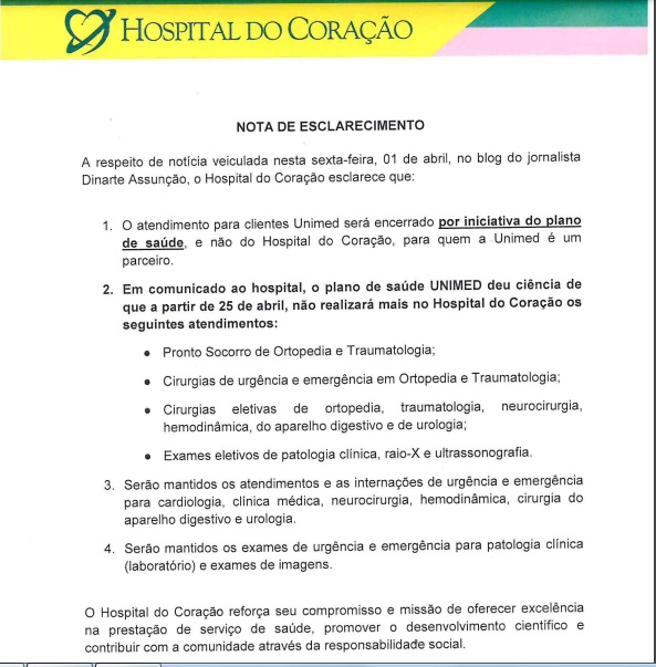 Em nota, Hospital do Coração afirma que atendimento para clientes Unimed parou por iniciativa do Plano de Saúde