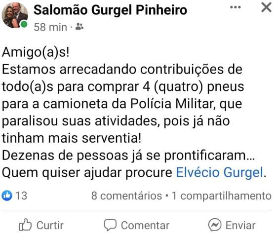 Prefeito do RN faz vaquinha para trocar pneus da viatura da PM