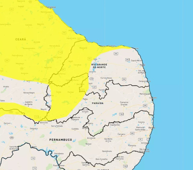 Inmet alerta para chuvas intensas em 74 cidades do RN; veja lista