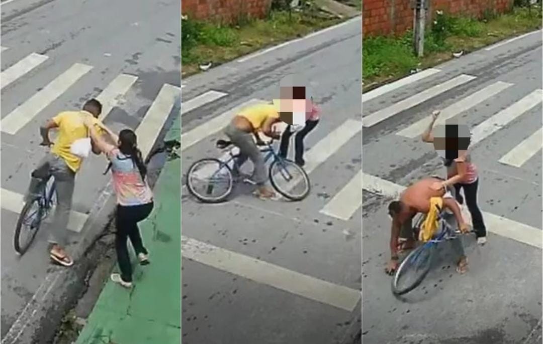 Mulher derruba e agride criminoso de bicicleta para tentar evitar assalto; VEJA VÍDEO