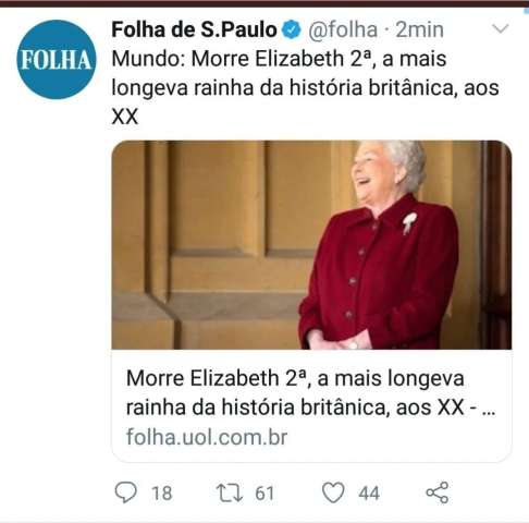 Folha de SP comete gafe histórica e anuncia morte da rainha Elizabeth