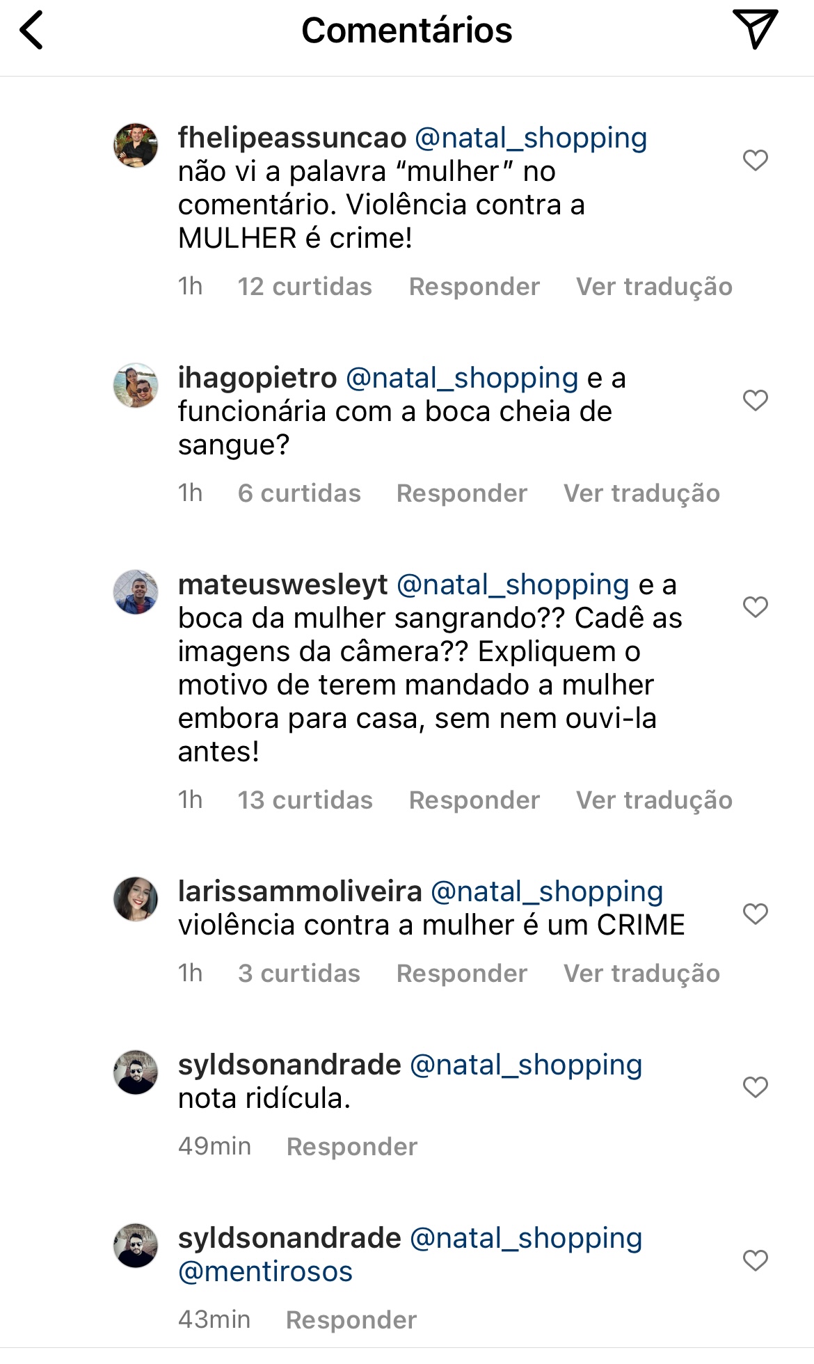 Shopping de Natal é massacrado no Instagram após afirmar que mulher agredida era briga entre homens
