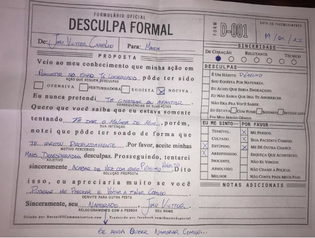 Formulário de pedido de desculpas reata namoro de casal e viraliza na internet