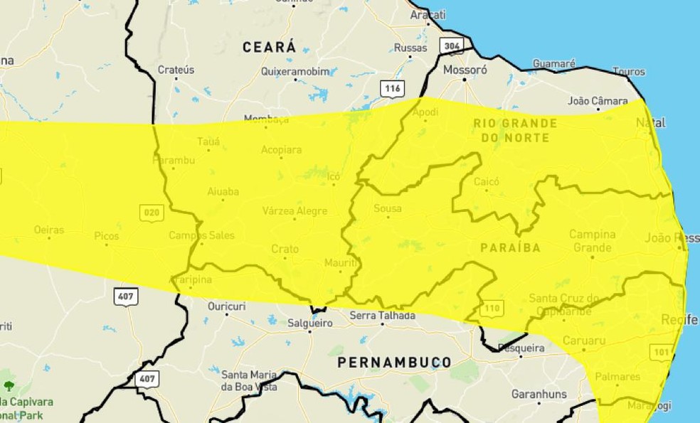 Instituto alerta para chuvas intensas em 146 cidades do RN neste final de semana; veja lista