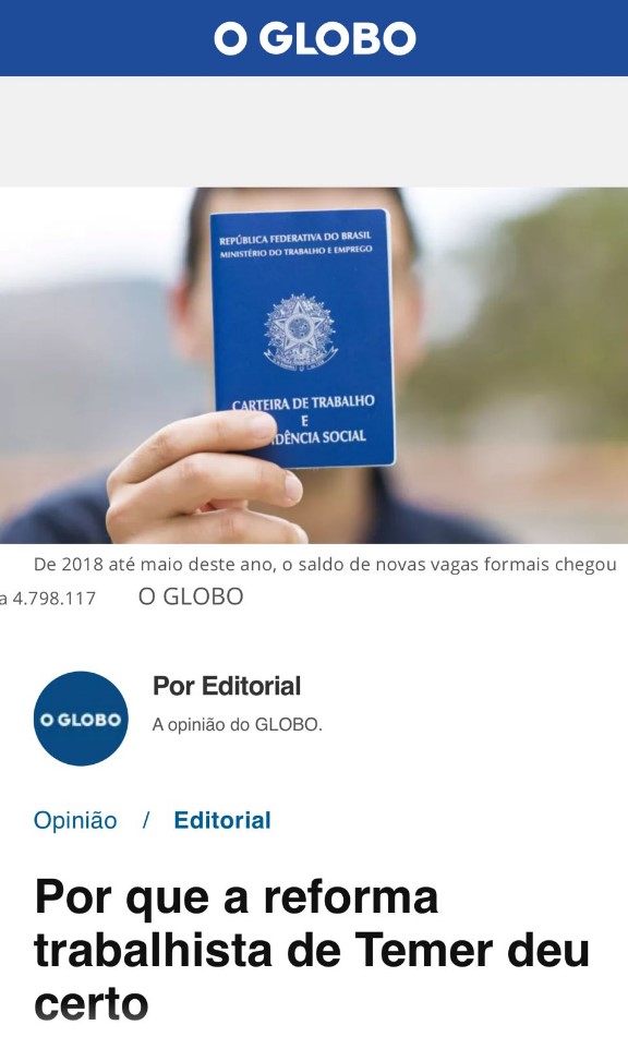 Em editorial, O Globo mostra que reforma trabalhista deu certo: quase 5 milhões de empregos gerados
