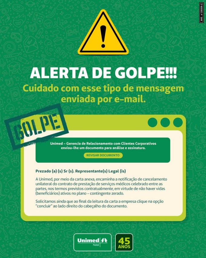 Unimed Natal alerta para golpe via e-mail e aplicativo; confira