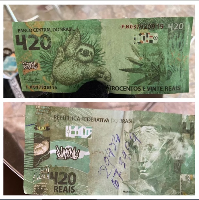 PF acha nota de R$ 420 com figuras de bicho-preguiça e maconha