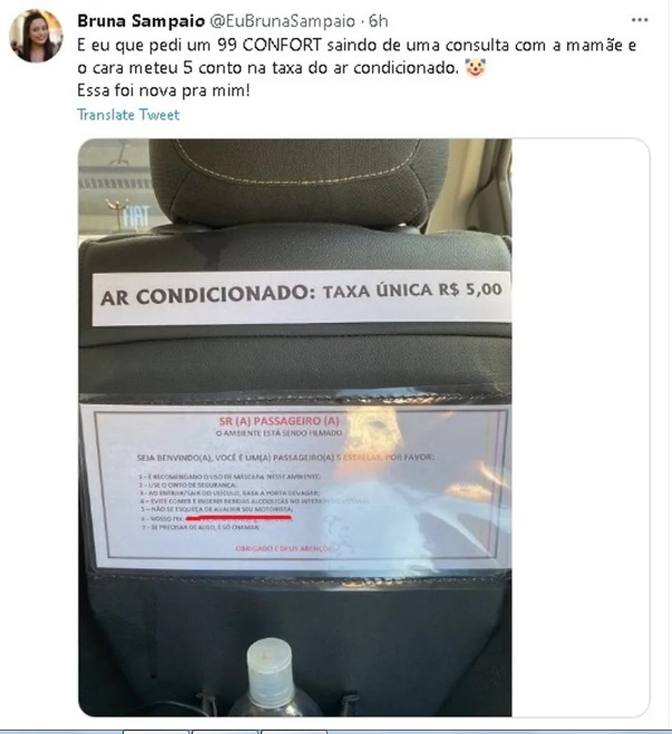 Passageira solicita corrida na modalidade conforto e se surpreende com cobrança de R$ 5 para ligar ar-condicionado