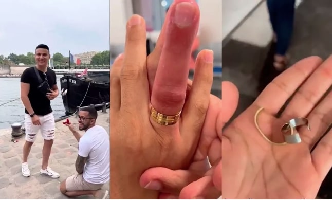 VÍDEO: Pedido de casamento de brasileiros na Torre Eiffel dá errado e noivo vai parar no hospital; ASSISTA