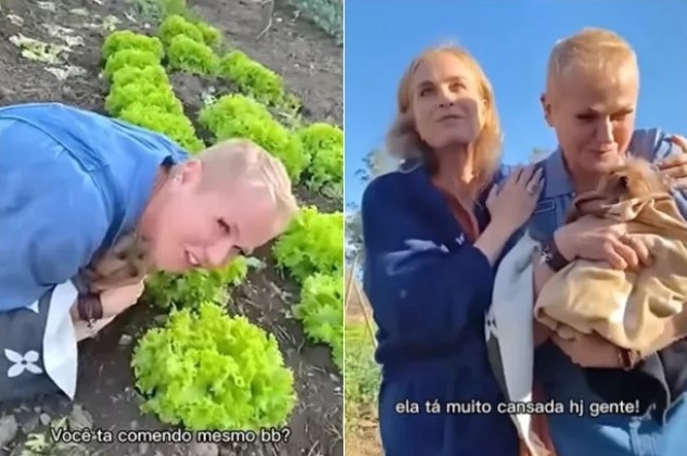 [VÍDEO] Xuxa surge em vídeo comendo alface no chão, direto de plantação. “Ela não está bem hoje”, diz Angélica