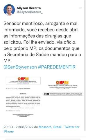 Allyson mostra documentos e rebate Styvenson: "Senador mentiroso, arrogante e mal informado"