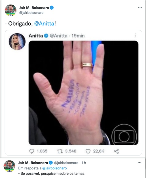 Anitta tenta zoar Bolsonaro por causa de cola e depois apaga post