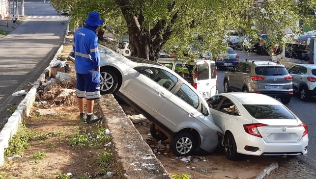 Carro sem motorista despenca de canteiro em avenida de Natal