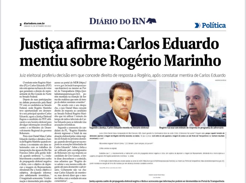 Justiça afirma: Carlos Eduardo mentiu sobre Rogério Marinho