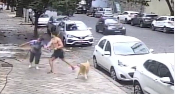 VÍDEO: Faxineira é empurrada e agredida enquanto lavava calçada
