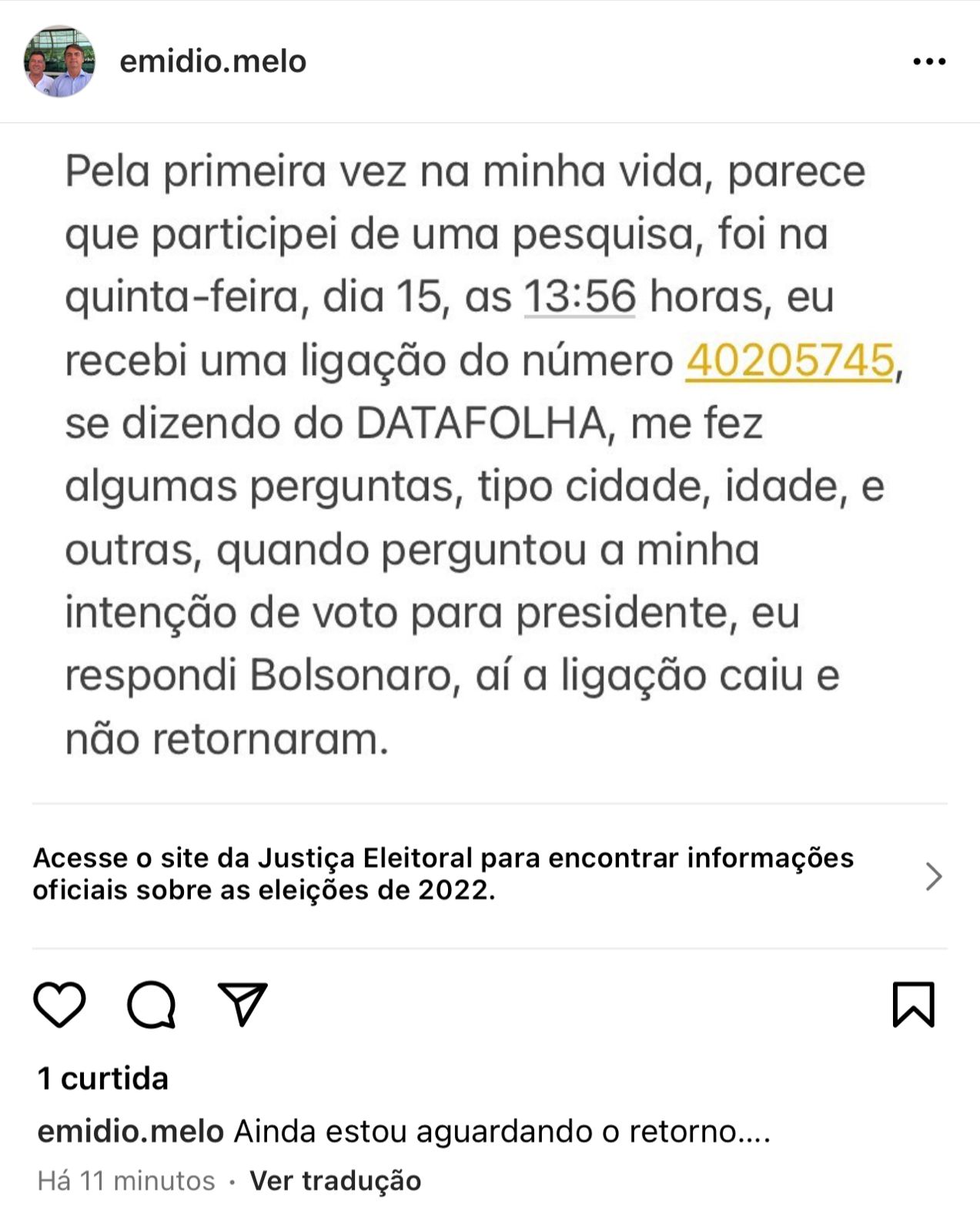 Empresário afirma que ligação do DataFolha caiu quando ele disse que votava em Bolsonaro