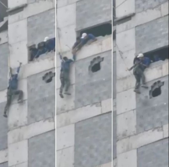 Vídeo mostra desespero de operário pendurado em prédio e salvamento heroico feito por colegas no litoral de SP